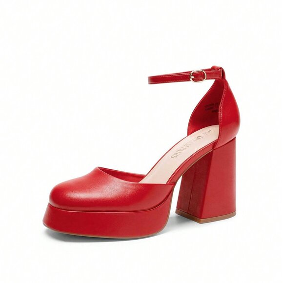 Red Elegant Women's Chunky Platform Heels - Picture 3 of 9